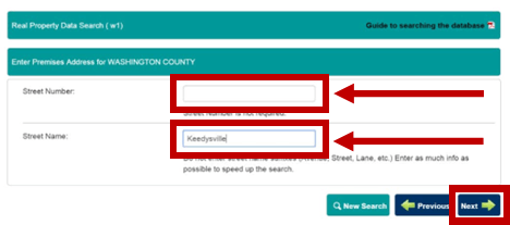 Screenshot of the Maryland SDAT Real Property Data Search page for Washington County. Red boxes and arrows highlight the fields for entering a street number and street name, with “Keedysville” entered in the street name field. A red arrow also points to the blue “Next” button in the lower-right corner, indicating the next step after entering the property address information.