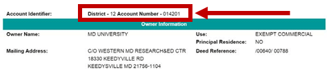 Screenshot of a Maryland SDAT property record page for MD University. A red box and arrow highlight the account identifier at the top of the page, showing “District - 12 Account Number - 014201.” Additional property details displayed include the owner name (MD University), mailing address, use classification, and deed reference information.