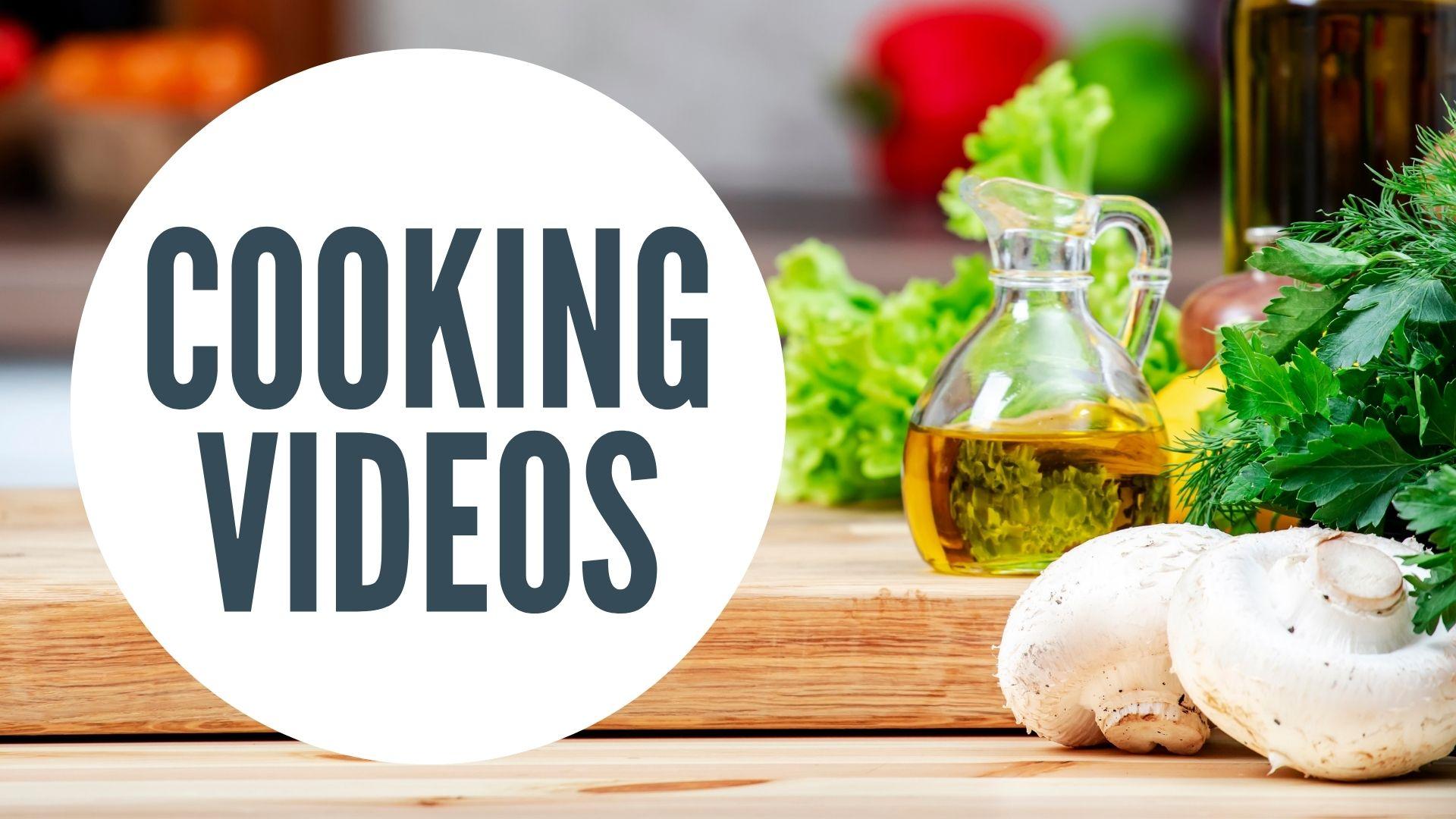 Cooking video text on top of white circle with cutting board, vegetables and oil in the background
