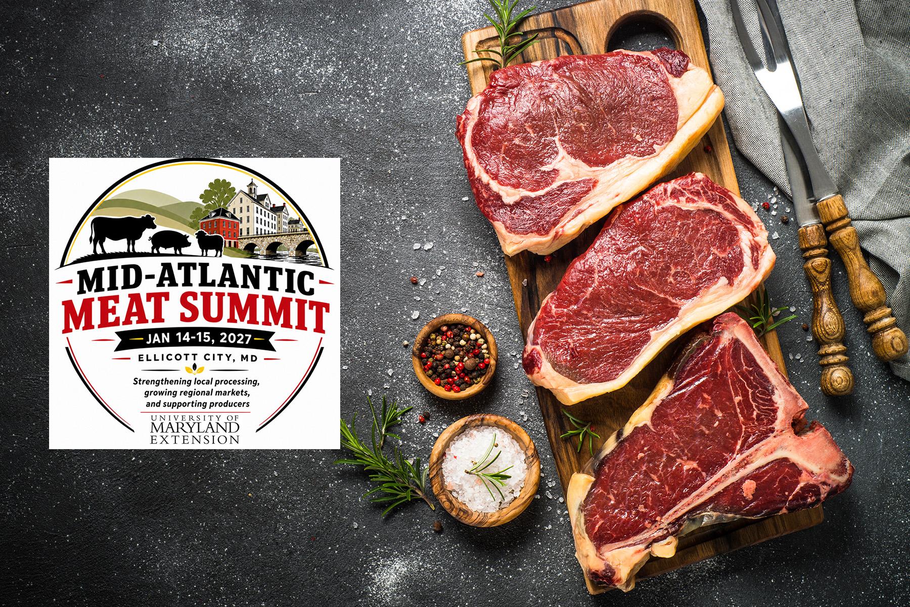 Mid-Atlantic Meat Summit logo with a background of cuts of raw beef. 