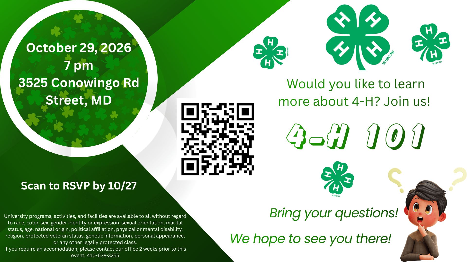Flyer for 4-H 101 Session describing event for people wanting to learn more about 4-H scheduled for October 29th