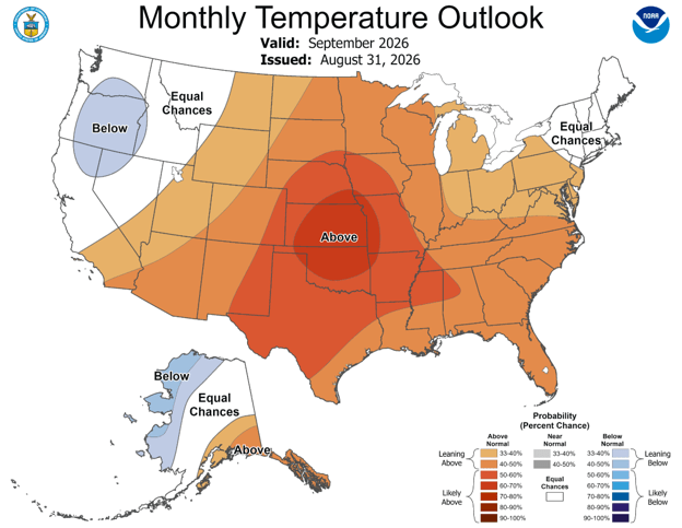 Alt text: NOAA September 2026 temperature outlook map showing increased chances of above-normal temperatures across most of the contiguous United States, highest over the central Plains. Increased chances of below-normal temperatures are forecast for parts of the Pacific Northwest and Alaska, with equal chances in portions of the northern Rockies and Northeast.