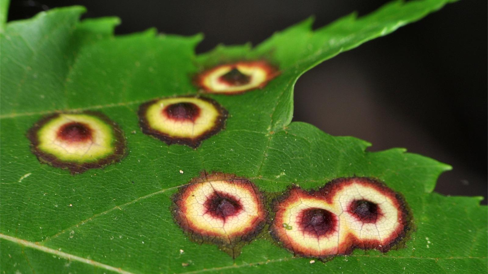 Close-up of a green maple leaf with vibrant bulls-eye patterned spots. The pale yellow spots have a dark red center and margin.