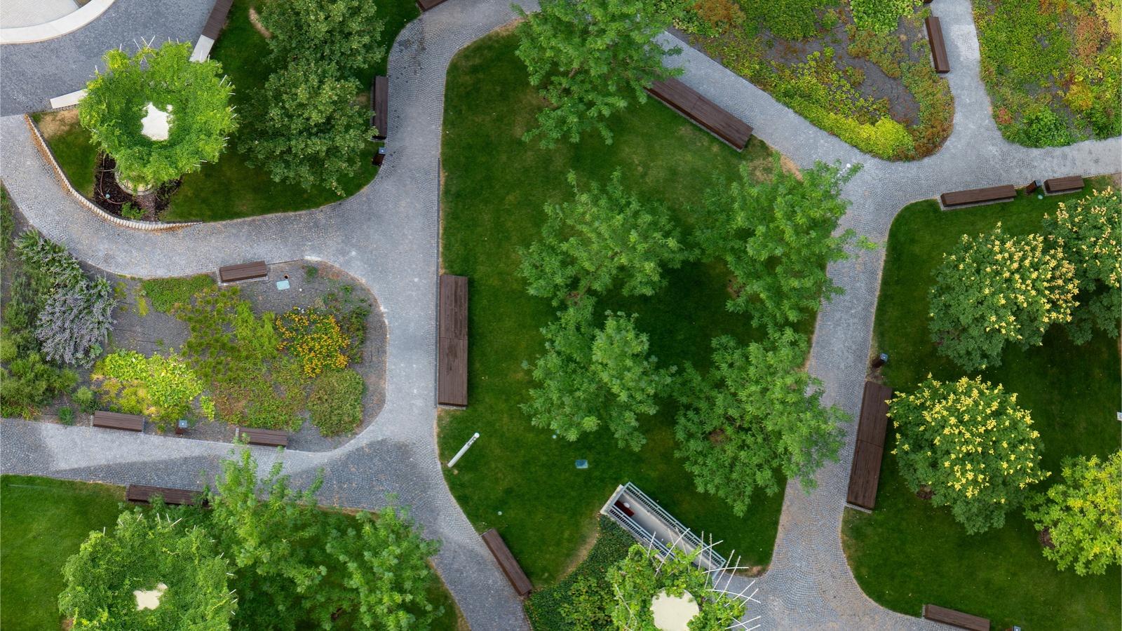 Overhead view of a public garden with multiple winding, intersecting paths.