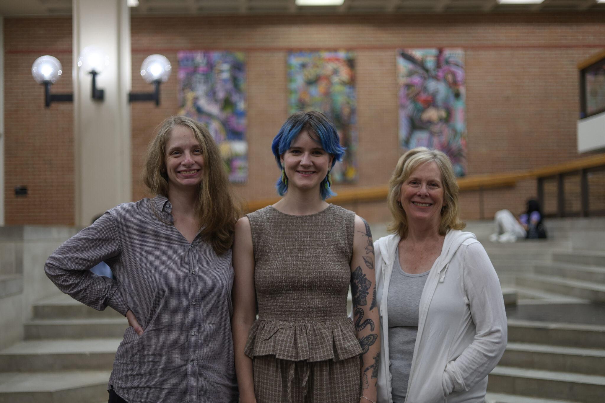 Mollye Bendell, Madeline Potter and Lindsay Barranco pose for a photo inside of the Art-Sociology Building on Sept. 17, 2026.