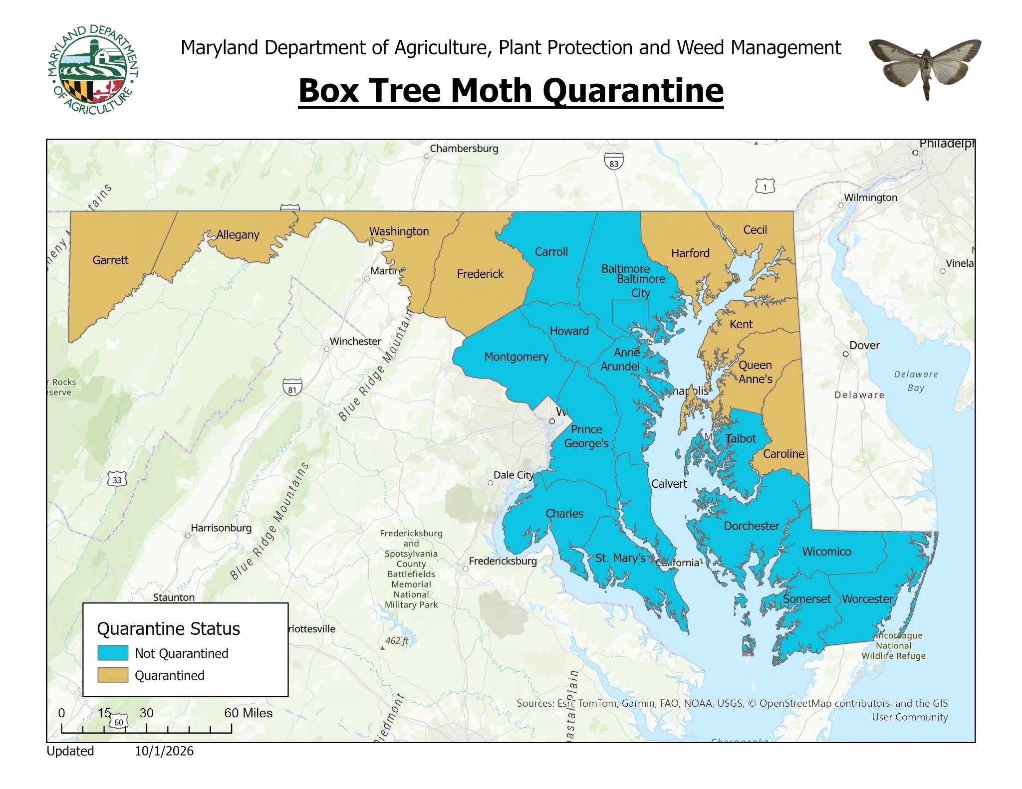 A map of Maryland highlighting nine counties that are a part of a box tree moth quarantine as of September 2026. The counties include Allegany, Caroline, Cecil, Frederick, Garrett, Harford, Kent, Queen Anne’s, and Washington Counties.