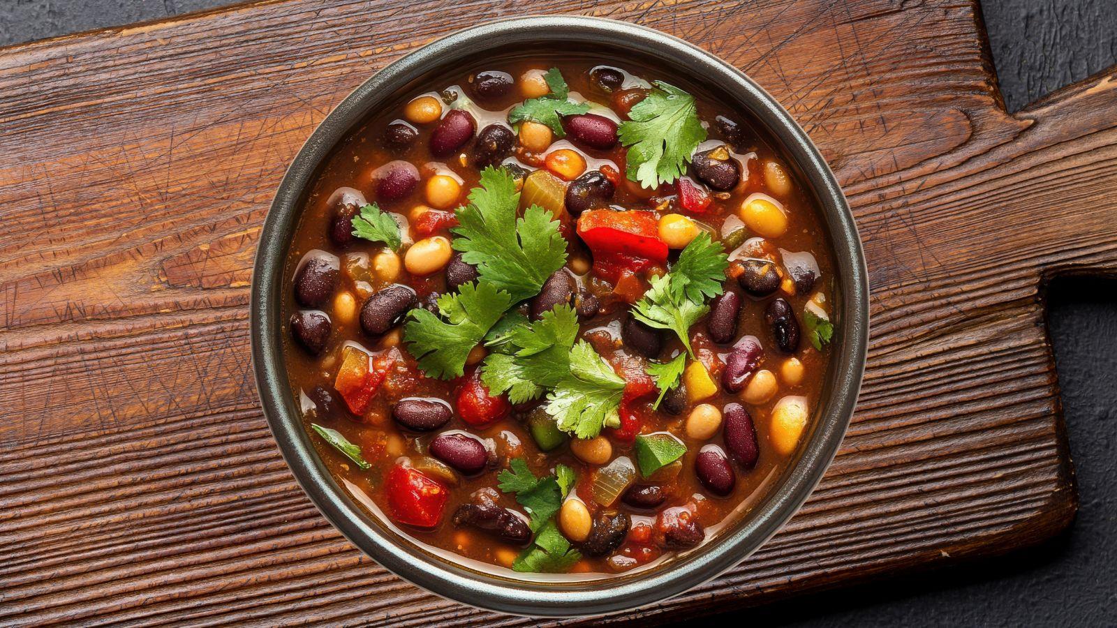 vegetarian chili topped with cilantro in a dark bowl on a wooden cutting board