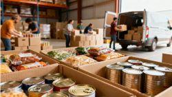 wide shot of canned goods and shelf stable foods being dropped off at a warehouse, people accepting and organizing 