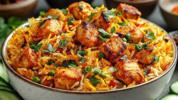 chicken biryani in a white bowl sitting on a table