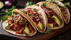 four tacos filled with jackfruit, avocado, slaw, sitting on a wooden cutting board on a table