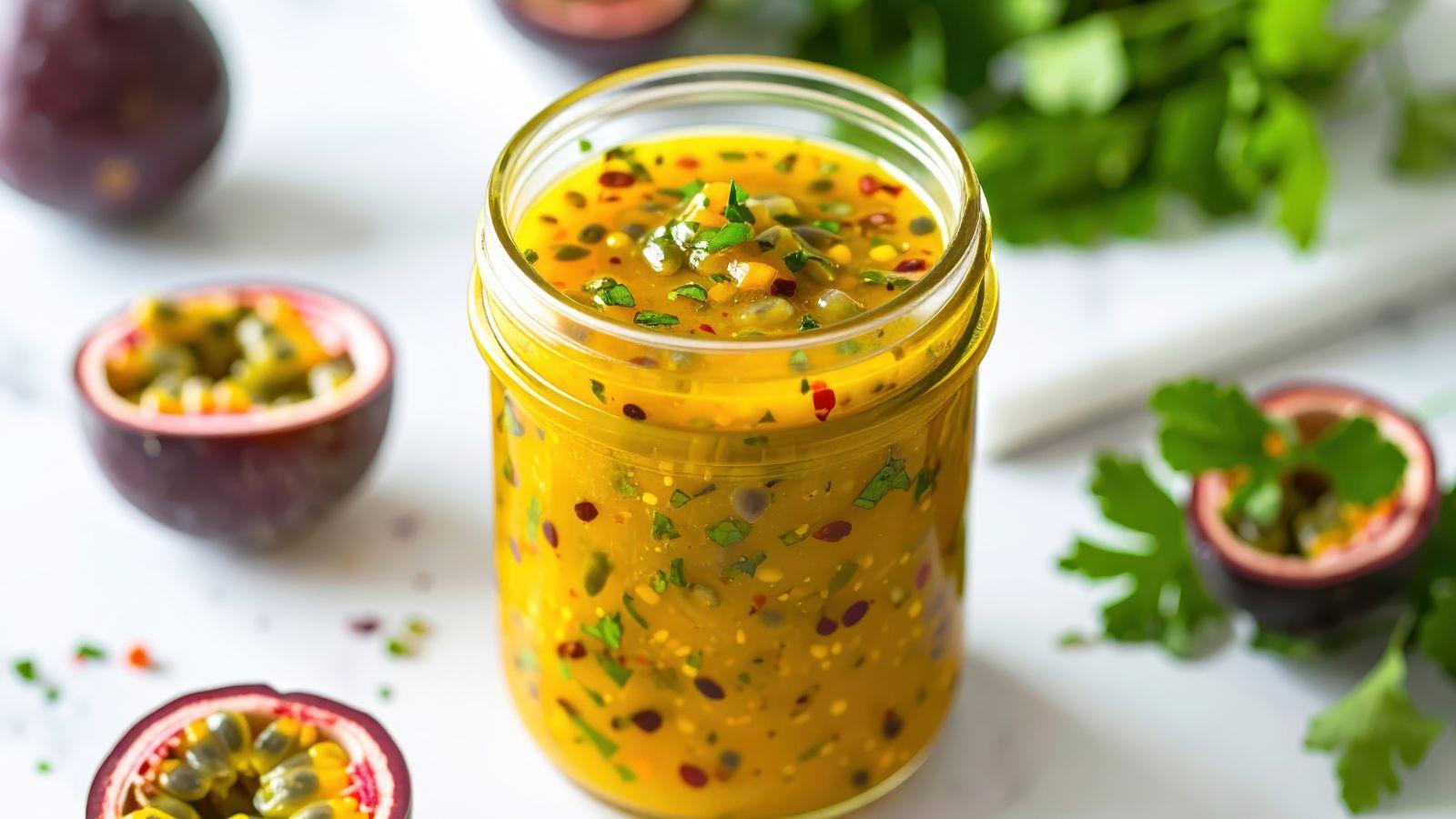passion fruit vinaigrette in a glass jar sitting on a white table surrounded by fresh passion fruit