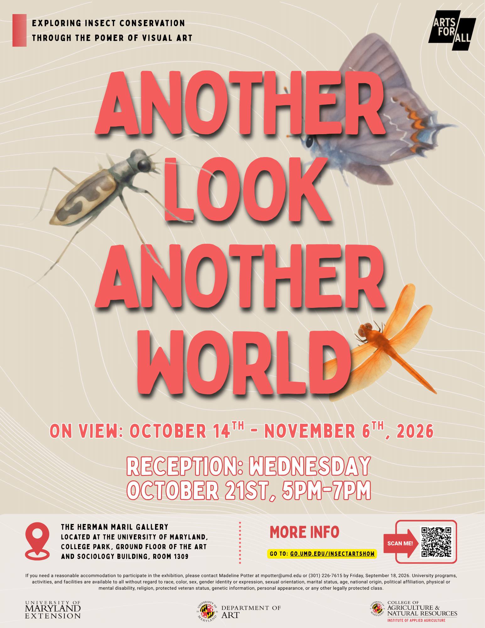 Another Look, Another World Exhibition Poster showing a butterfly, tiger beetle and dragonfly