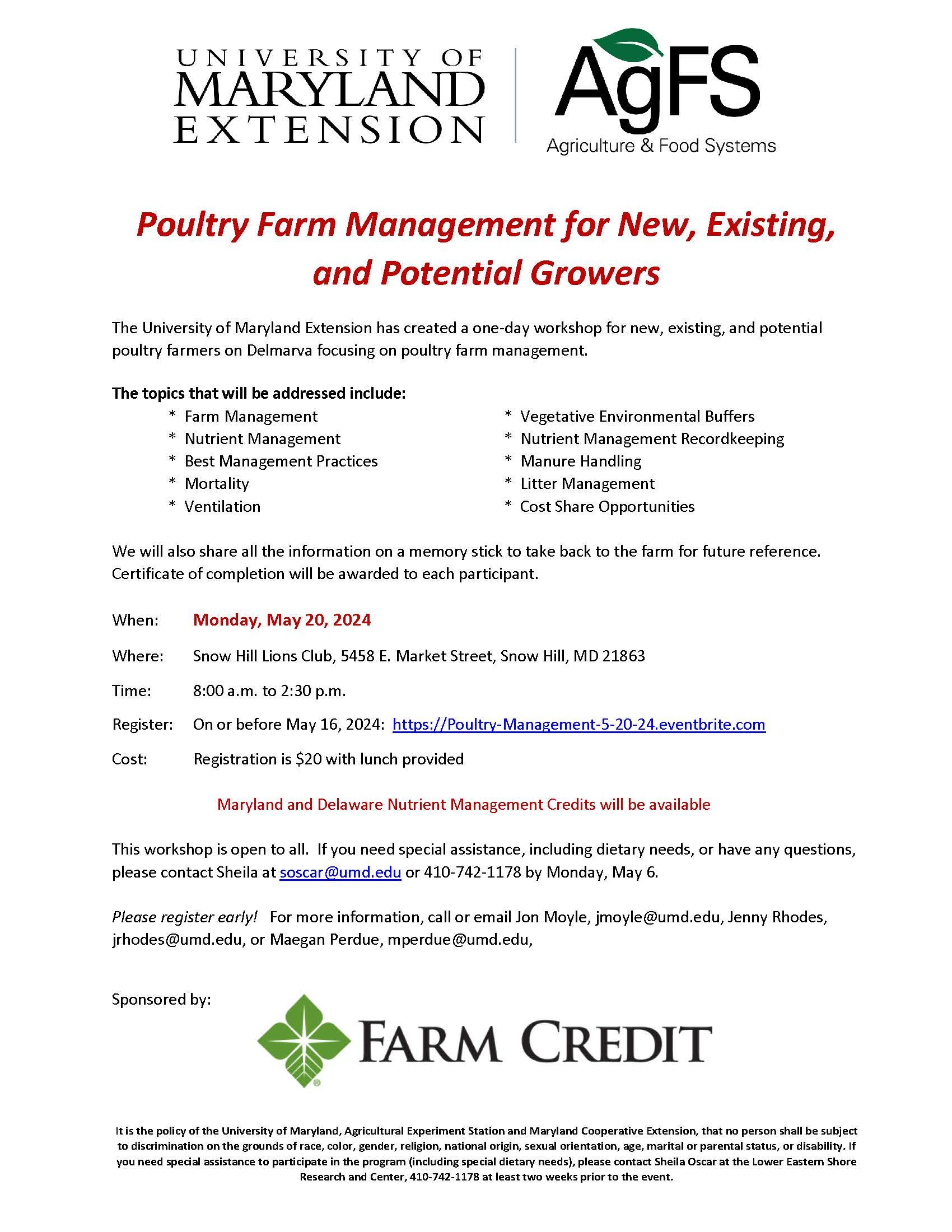 Flyer for May 5, 2024 Poultry Grower Management Workshop